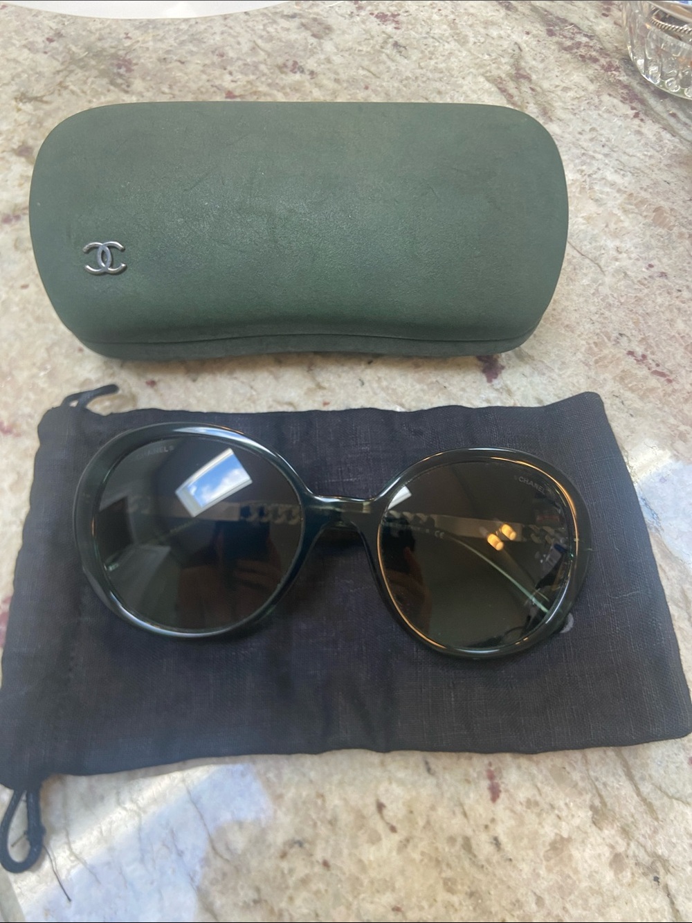 CHANEL Green Round Frame Women's Sunglasses with Dark Lenses